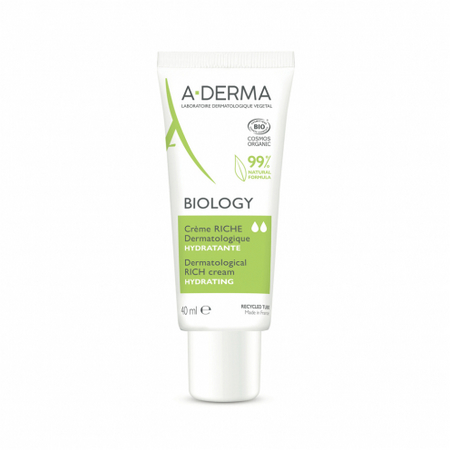 A-Derma Biology Crème Riche Dermatologique Hydratante, Tube de 40 ml