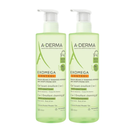 A-Derma Exomega Control Gel Lavant Emollient 2 en 1, 2 x 500 ml