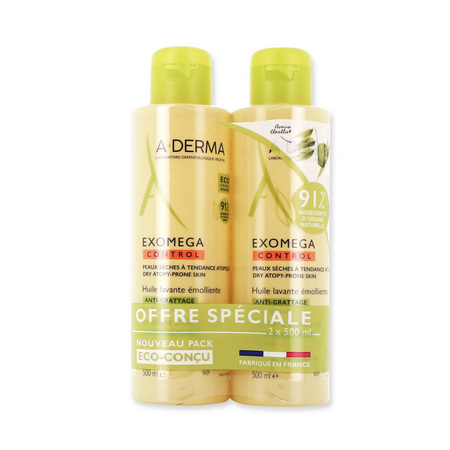 A-Derma Exomega Control Huile Lavante Émoliente Anti-Grattage, 2 x 500 ml