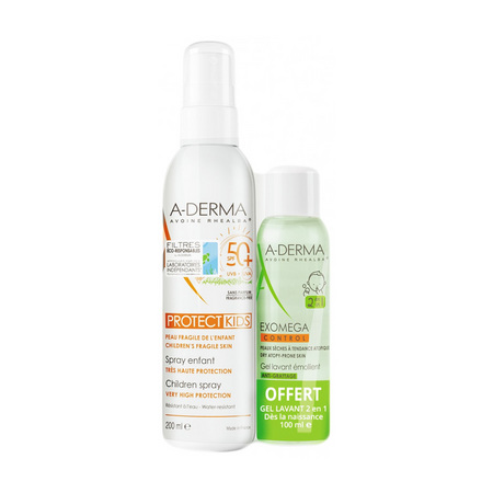 A-Derma Protect Kids Spray SPF50+ + Exomega Control Gel Lavant Émollient Offert, 200 + 100 ml