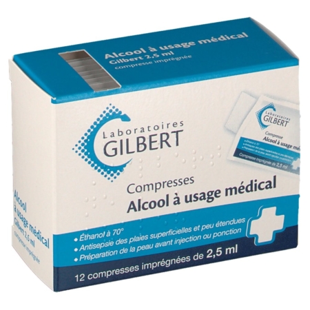 Alcool a usage medical gilbert 2,5 ml, 12 compresses imprégnées
