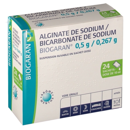 Alginate de sodium/bicarbonate de sodium biogaran 0,5 g/0,267 g, 24 sachet-doses de suspension buvable