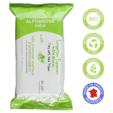 Alphanova Bébé - Lingettes Epaisses extra douces biodégradables, 72 lingettes