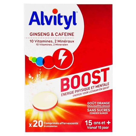 Alvityl Boost 10 Vitamines 2 Minéraux Goût Orange sans Sucres, 20 Comprimés Effervescents