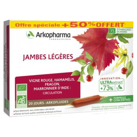 Arkopharma Arkofluid Jambes Légères Bio, 30 ampoules (20 + 10 OFFERTES)