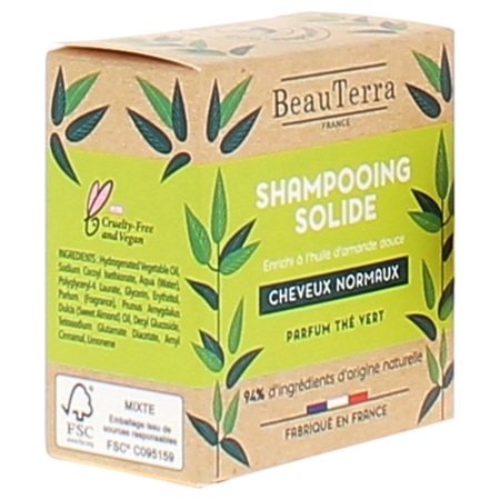 BeauTerra Shampooing Solide Cheveux Normaux Thé Vert, 75 g