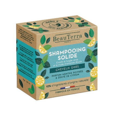 BeauTerra Shampooing solide pour cheveux gras, 75 gr