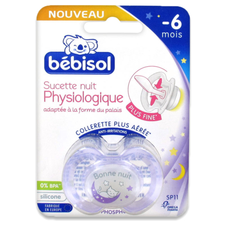 Bébisol Sucette Nuit Physiologique Silicone -6 Mois SP11, Bonne Nuit Violet