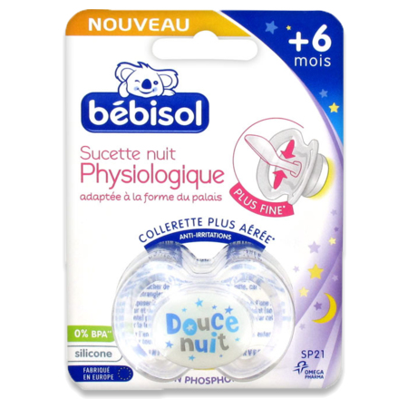 Bébisol Sucette Nuit Physiologique Silicone +6 Mois SP21, Douce Nuit