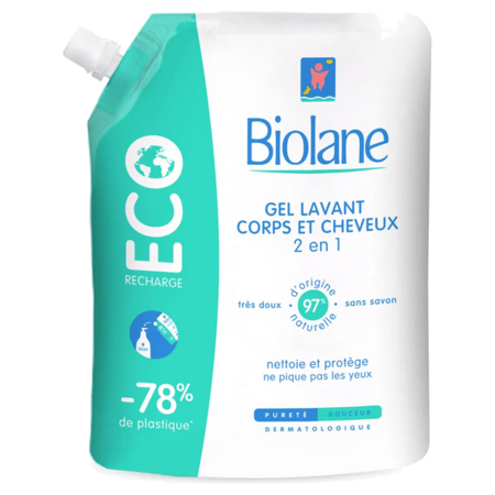 Biolane Gel Lavant Corps et Cheveux 2 en 1 Éco-recharge, 500 ml