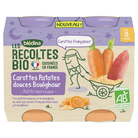 Blédina Les Récoltes Bio Carottes Patates Douces Boulghour, 2 x 200g
