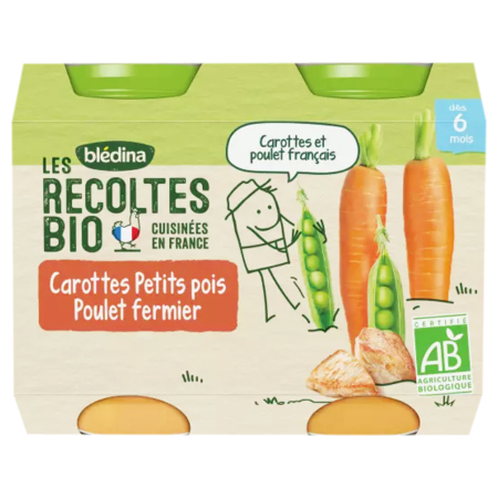 Blédina Les Récoltes Bio Carottes Petits Pois Poulet Fermier, 2 x 200 g