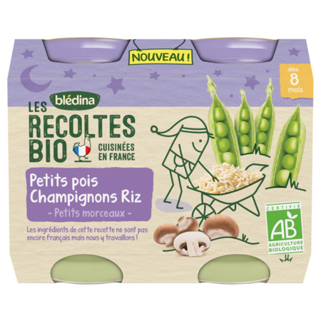 Blédina Les Récoltes Bio Petits Pois Champignons Riz, 2 x 200g