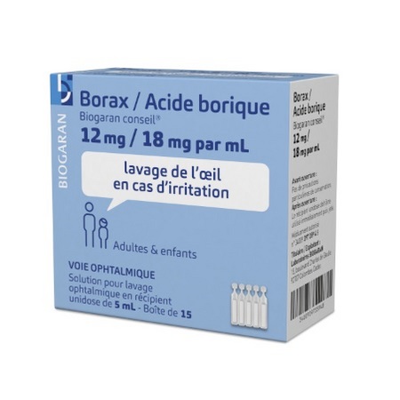 Borax/acide borique biogaran conseil 12 mg/18 mg par ml, 15 récipients unidose de solution pour lavage ophtalmique