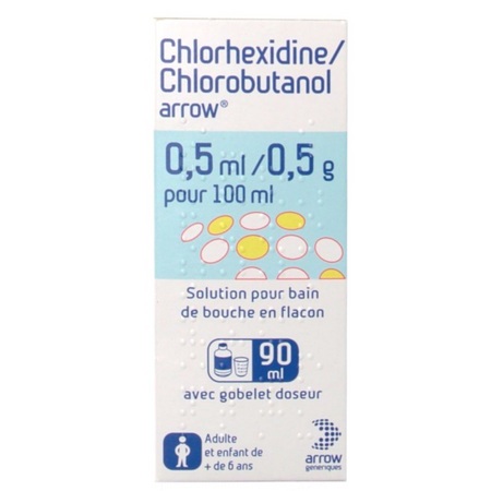 Chlorhexidine/chlorobutanol arrow 0,5 ml/0,5 g pour 100 ml, flacon de 90 ml de solution pour bain de bouche