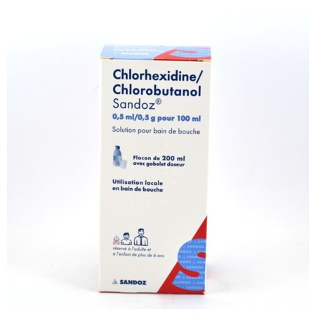 Chlorhexidine/chlorobutanol sandoz 0,5 ml/0,5 g pour 100 ml, flacon de 200 ml de solution pour bain de bouche