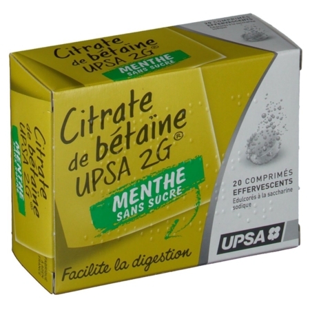 Citrate de betaine upsa 2 g menthe sans sucre, 20 comprimés effervescents