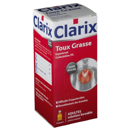 Clarix expectorant carbocisteine 5 % adultes sans sucre, flacon de 250 ml de solution buvable