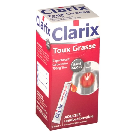 Clarix expectorant carbocisteine 750 mg/10 ml adultes sans sucre, 15 sachets