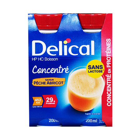 Delical HP HC Boisson Concentré en Protéines sans Lactose Saveur Pêche-Abricot, 4 x 200 ml