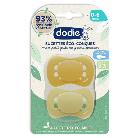 Dodie Sucettes Éco-Conçues 0-6 Mois Jaune, Lot de 2 Sucettes