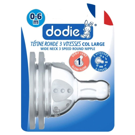 Dodie Tétines Plates Col Large 3 Vitesses Col Lagre 0-6 Mois, 2 Tétines