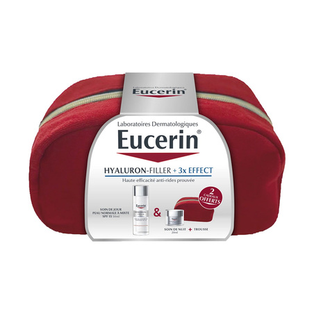 Eucerin Hyaluron-Filler +3 Effect Soin Jour Peau Normal à Mixte SPF15 + Nuit, 50 ml + 20 ml + Trousse 