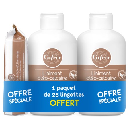 Gifrer - Lot de 2 liniments oléo-calcaire 500ml + paquet de 25 lingettes offert