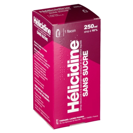 Helicidine 10 % sans sucre, flacon de 250 ml de sirop