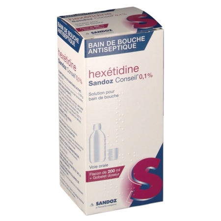 Hexetidine sandoz conseil 0,1 %, flacon de 200 ml de solution pour bain de bouche