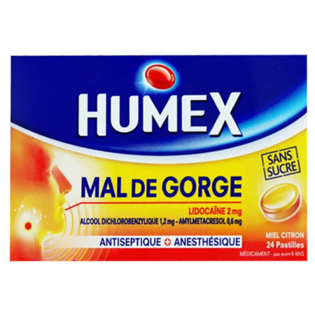 Humex Lidocaîne 2mg Mal de Gorge sans Sucres Goût Miel, 24 Pastilles