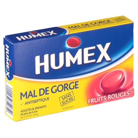 Humex mal de gorge fruits rouges 20 mg sans sucre, 24 pastilles à sucer