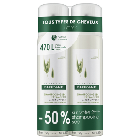 Klorane Shampooing Sec au Lait d'Avoine, 2 x Spray de 150 ml