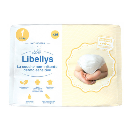 Libellys Couches Non-Irritantes Dermo-Sensitives Taille 1 (2-5 kg), 26 Couches