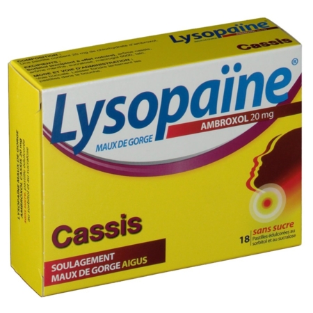 Lysopaïne maux de gorge ambroxol cassis 20 mg sans sucre, 18 pastilles à sucer