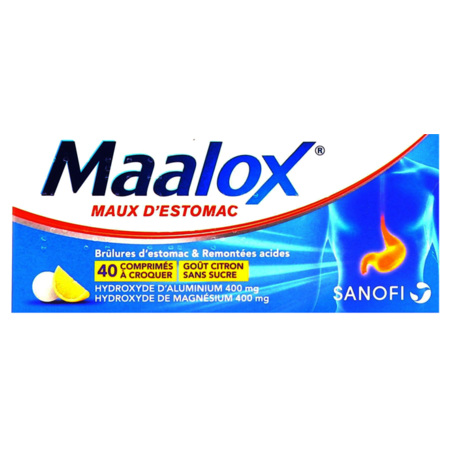 Maalox Maux d'Estomac Goût Citron Sans Sucre, 40 Comprimés à croquer 