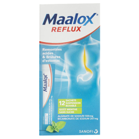 Maalox Reflux Goût Menthe Sans Sucre, 12 Sachets Suspension Buvables