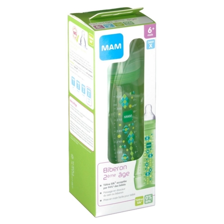 Biberon 2ème âge coloré tétine débit X Vert 330 ml de Mam