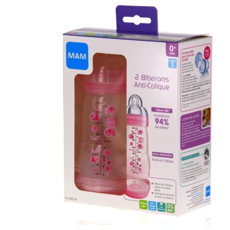 Prix de Mam biberon africa rose système anti-colique tétine débit 2 - 260  ml lot de 2, avis, conseils