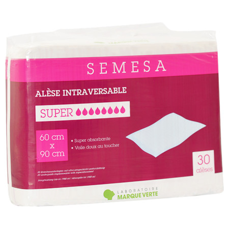 Marque Verte Semesa Alèse Intraversible Super 60cm x 90cm, 30 Alèses