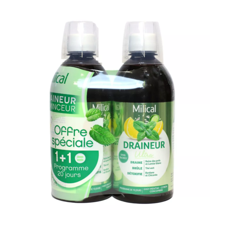 Milical Draineur minceur Ultra menthe citron concombre solution buvable, 2x500 ml