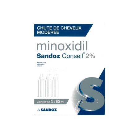 Minoxidil sandoz conseil 2 %, 3 flacons de 60 ml de solution pour application cutanée