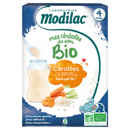 Modilac Mes Céréales du Soir Bio Carottes dès 4 mois, 250 g