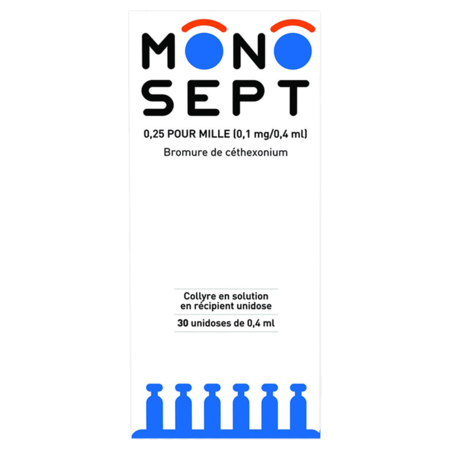 Monosept 0,25 pour mille (0,1 mg/0,4 ml), 30 flacons unidoses de 0,4 ml de collyre