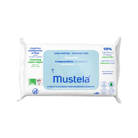 Mustela Lingettes Nettoyantes Compostables à l’Eau sans Parfum, x60