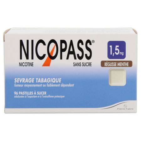 Nicopass 1,5 mg sans sucre reglisse menthe, 96 pastilles à sucer