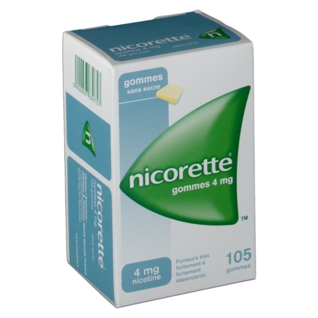 Nicorette 4 mg sans sucre, 105 gommes à mâcher