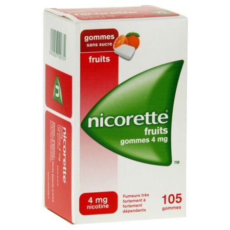 Nicorette fruits 4 mg sans sucre, 105 gommes à mâcher