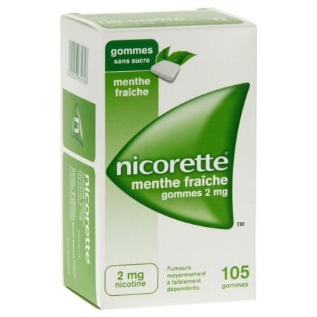 Nicorette menthe fraiche 2 mg sans sucre, 105 gommes à mâcher
