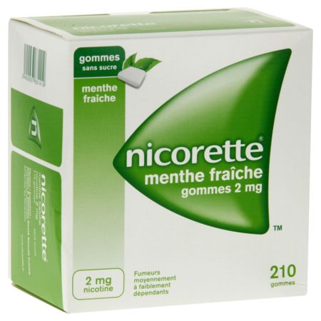 Nicorette menthe fraiche 2 mg sans sucre, 210 gommes à mâcher